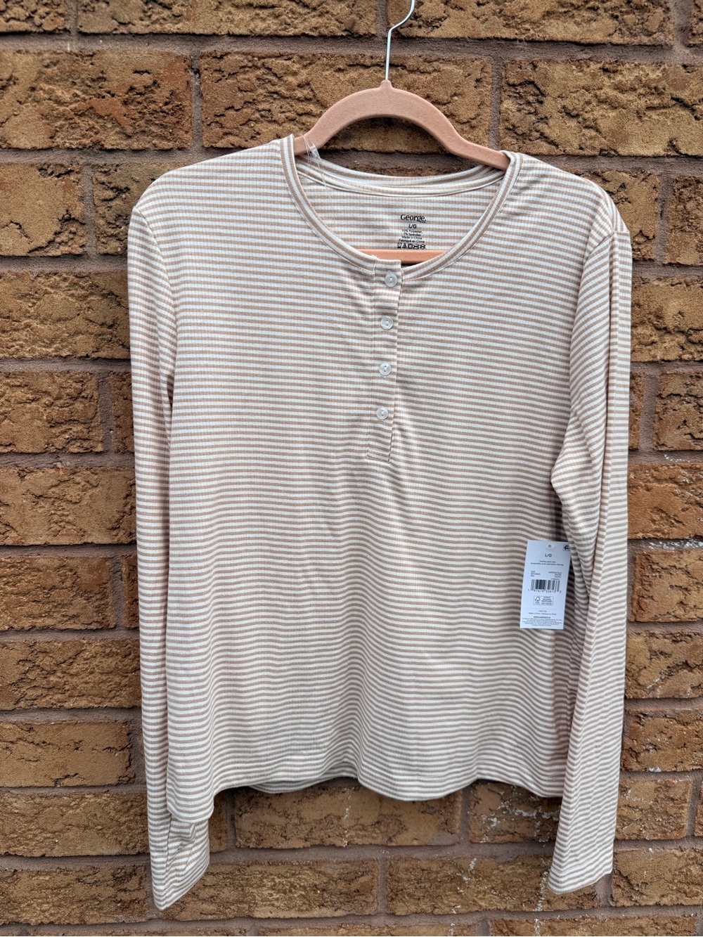4/$25 • George Cozy Striped Long-Sleeve Henley Top - Beige/White